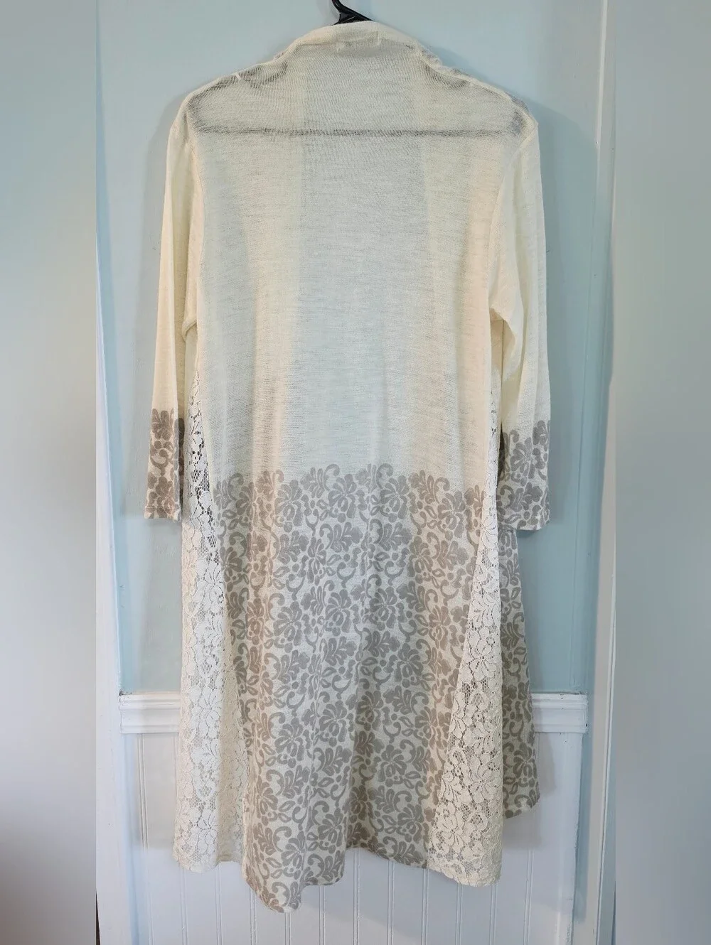 Simply Noelle Cream & Beige Lace Floral Damask Open Duster Cardigan